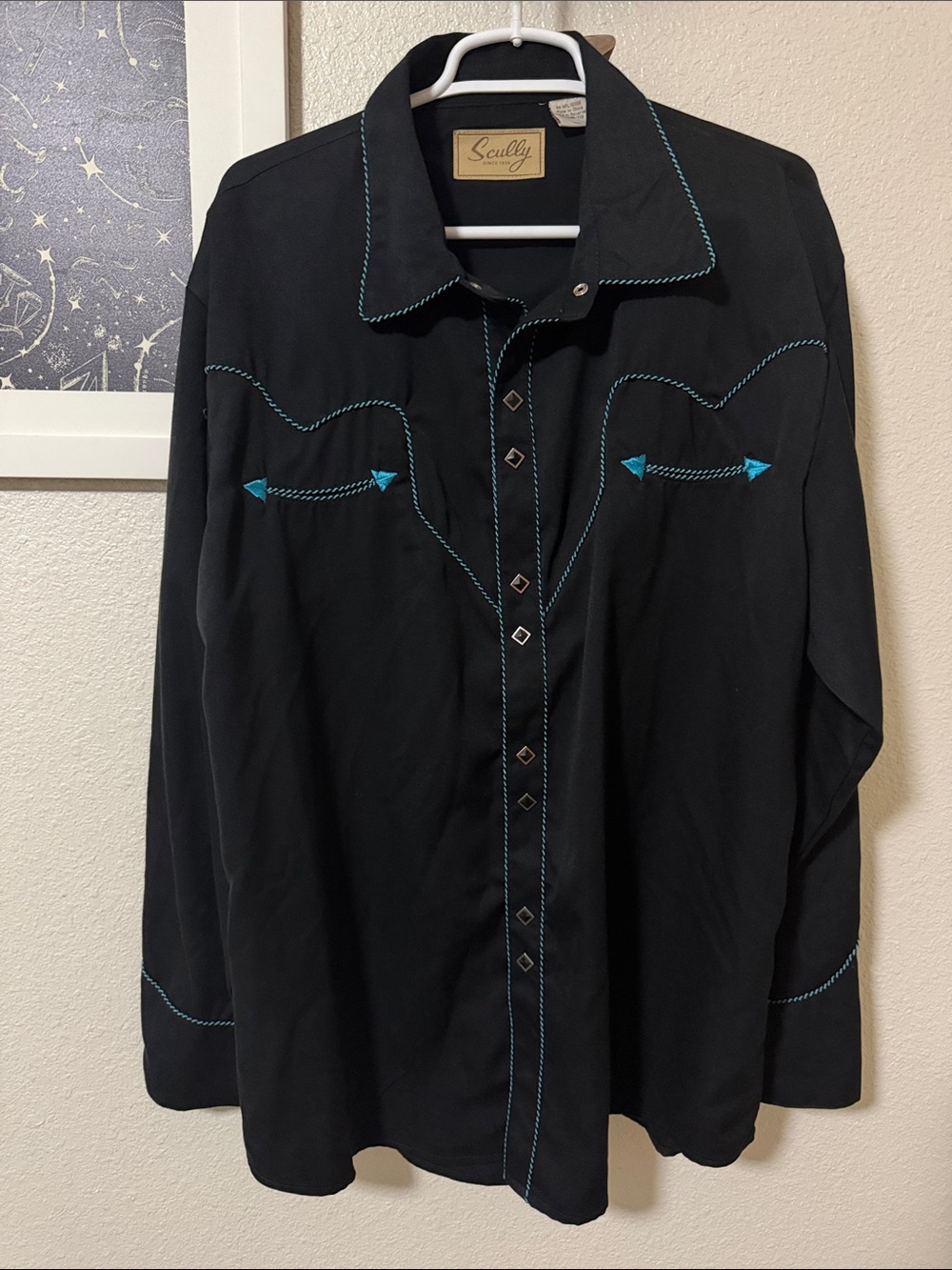 Scully Western Black Button-Up Shirt With Embroidery Rope Edging Snap Closures